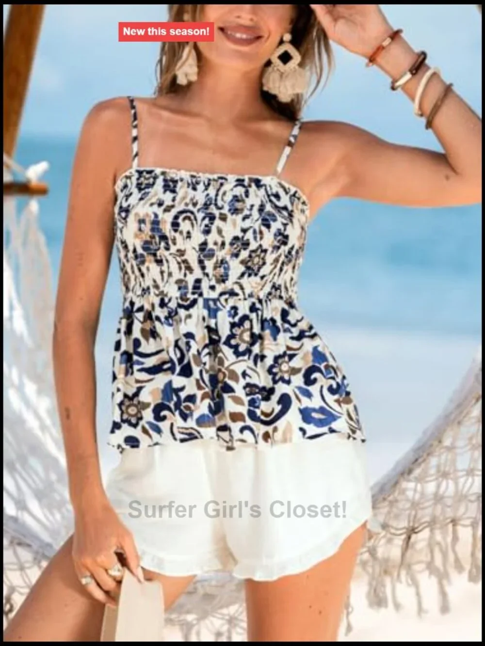 Women's Smocked Cami Top Floral Print Spaghetti Strap Summer Tank